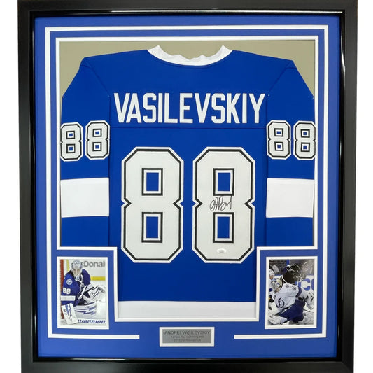 Framed autographed Andrei Vasilevskiy Tampa Bay blue jersey with number 88