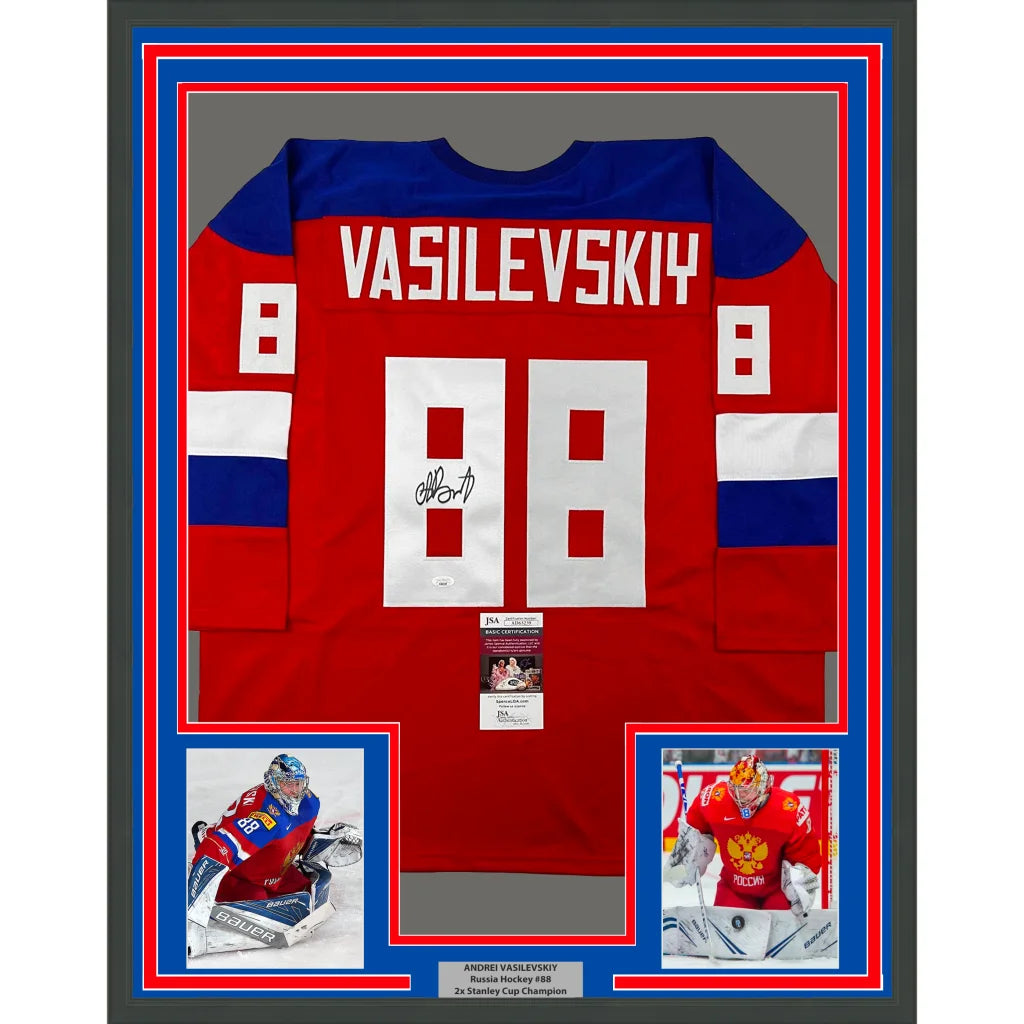 Framed Autographed Andrei Vasilevskiy 35x39 Team Russia Red Olympics Hockey Jersey JSA COA | Hall of Fame Sports Memorabilia | vintageantiquesgifts.com