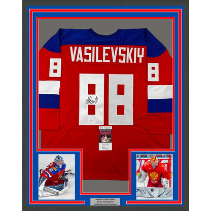 Framed Autographed Andrei Vasilevskiy 35x39 Team Russia Red Olympics Hockey Jersey JSA COA | Hall of Fame Sports Memorabilia | vintageantiquesgifts.com