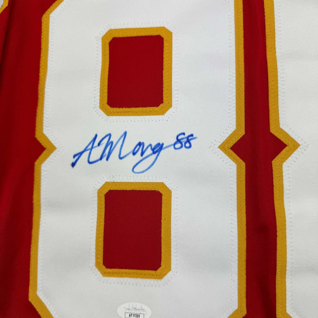 Framed Autographed Andrew Mangiapane 35x39 Calgary Red Hockey Jersey JSA COA | Certified Authentic Signed Memorabilia | vintageantiquesgifts.com