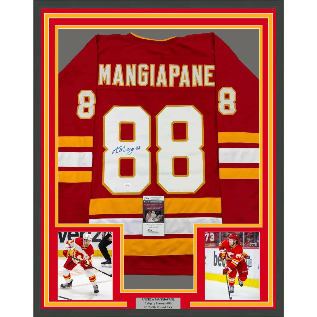 Framed Autographed Andrew Mangiapane 35x39 Calgary Red Hockey Jersey JSA COA | Hall of Fame Sports Memorabilia | vintageantiquesgifts.com