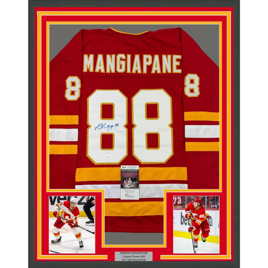 Framed Autographed Andrew Mangiapane 35x39 Calgary Red Hockey Jersey JSA COA | Hall of Fame Sports Memorabilia | vintageantiquesgifts.com