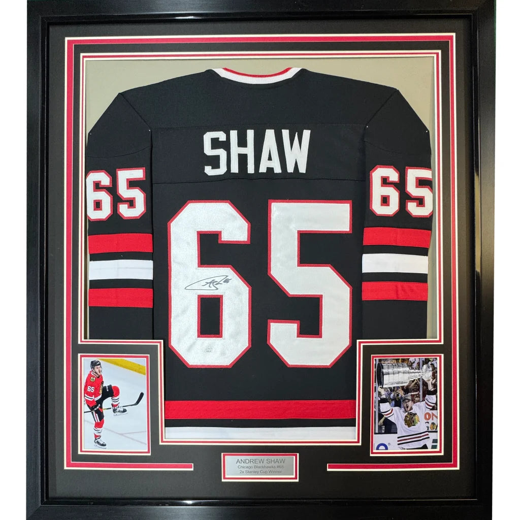 Framed autographed Andrew Shaw Chicago Blackhawks jersey with Shaw 65