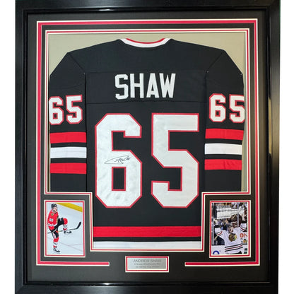 Framed autographed Andrew Shaw Chicago Blackhawks jersey with Shaw 65