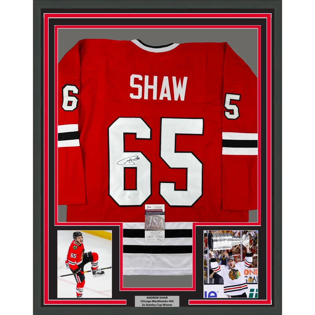 Framed autographed Andrew Shaw Chicago red hockey jersey with Shaw 65, JSA COA