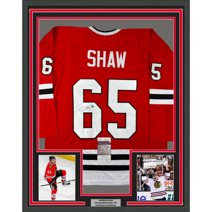 Framed autographed Andrew Shaw Chicago red hockey jersey with Shaw 65, JSA COA