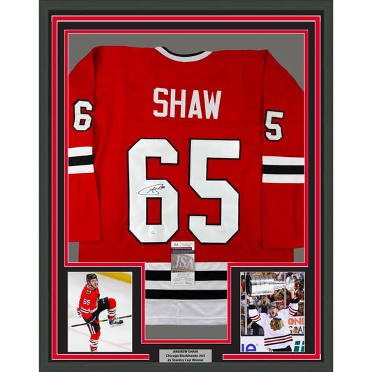Framed autographed Andrew Shaw Chicago red hockey jersey with Shaw 65, JSA COA