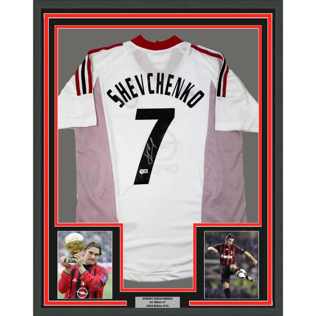 Back side of framed autographed ac milan white soccer jersey with red black trim featuring shevchenko 7 in bold lettering