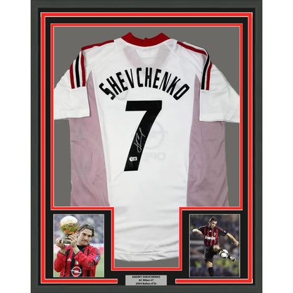 Back side of framed autographed ac milan white soccer jersey with red black trim featuring shevchenko 7 in bold lettering
