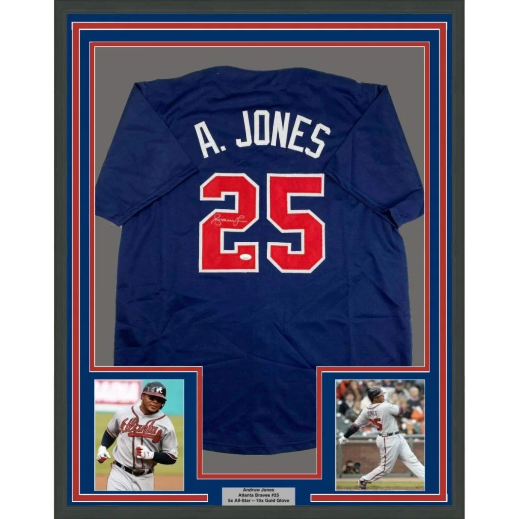 Framed autographed Atlanta Blue Baseball Jersey with player photos, perfect for man cave decor