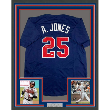 Framed autographed Atlanta Blue Baseball Jersey with player photos, perfect for man cave decor