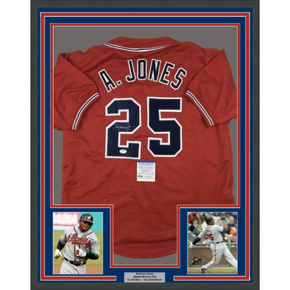 Framed and matted Andruw Jones signed jersey with photos, perfect for your man cave PSA DNA