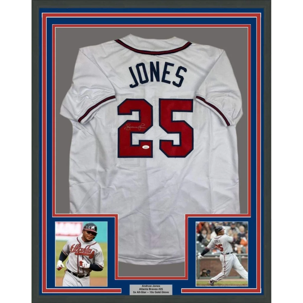 Framed Autographed Andruw Jones 35x39 Atlanta White Baseball Jersey JSA COA | Hall of Fame Sports Memorabilia | vintageantiquesgifts.com