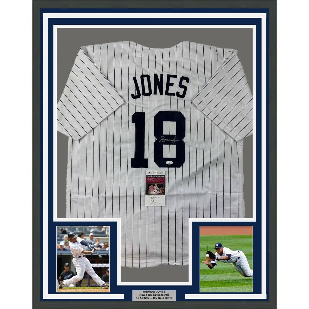 Framed Autographed Andruw Jones 35x39 New York Pinstripe Baseball Jersey JSA COA | Hall of Fame Sports Memorabilia | vintageantiquesgifts.com