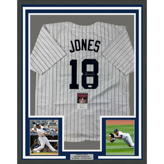 Framed Autographed Andruw Jones 35x39 New York Pinstripe Baseball Jersey JSA COA | Hall of Fame Sports Memorabilia | vintageantiquesgifts.com