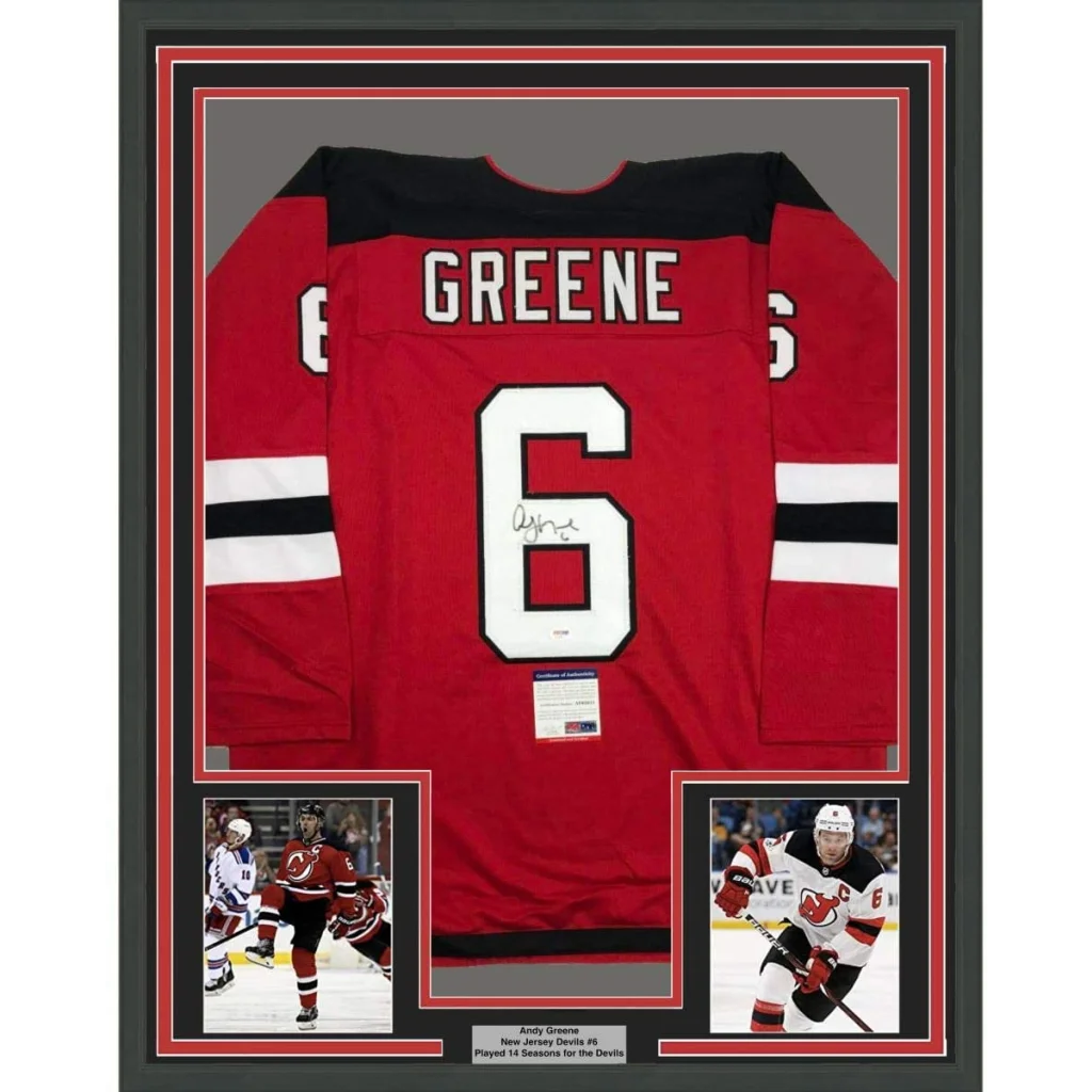 Framed Autographed Andy Greene 35x39 New Jersey Red Hockey Jersey PSA/DNA COA | Hall of Fame Sports Memorabilia | vintageantiquesgifts.com
