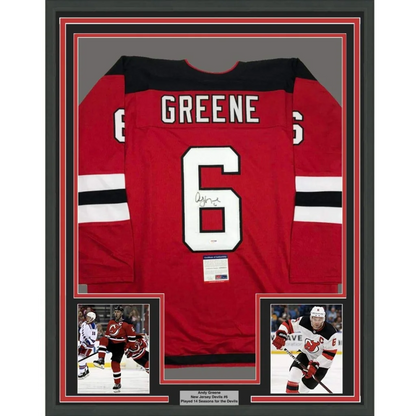 Framed Autographed Andy Greene 35x39 New Jersey Red Hockey Jersey PSA/DNA COA | Hall of Fame Sports Memorabilia | vintageantiquesgifts.com