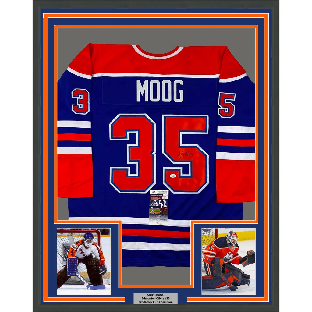 Framed Autographed Andy Moog 35x39 Edmonton Blue Hockey Jersey JSA COA | Hall of Fame Sports Memorabilia | vintageantiquesgifts.com