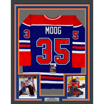 Framed Autographed Andy Moog 35x39 Edmonton Blue Hockey Jersey JSA COA | Hall of Fame Sports Memorabilia | vintageantiquesgifts.com