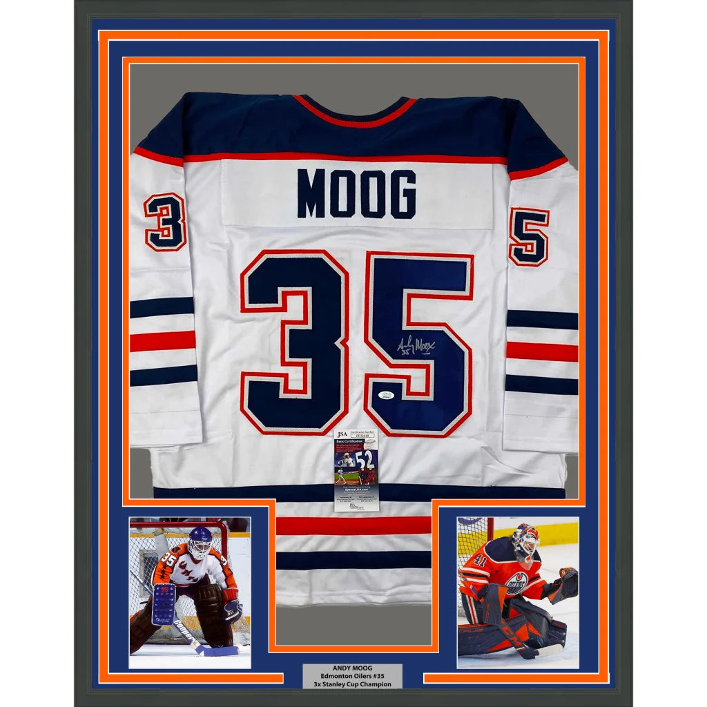 Framed Autographed Andy Moog 35x39 Edmonton White Hockey Jersey JSA COA | Hall of Fame Sports Memorabilia | vintageantiquesgifts.com