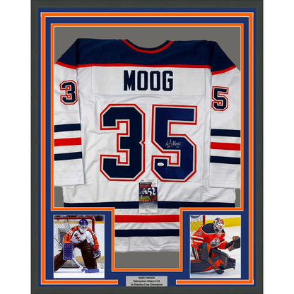 Framed Autographed Andy Moog 35x39 Edmonton White Hockey Jersey JSA COA | Hall of Fame Sports Memorabilia | vintageantiquesgifts.com