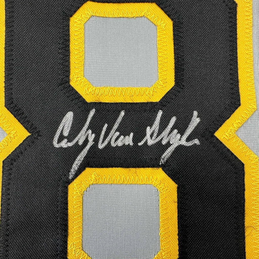 Black and yellow embroidered number eight patch with silver C signature on framed autographed Andy Van Slyke Pittsburgh Pirates jersey