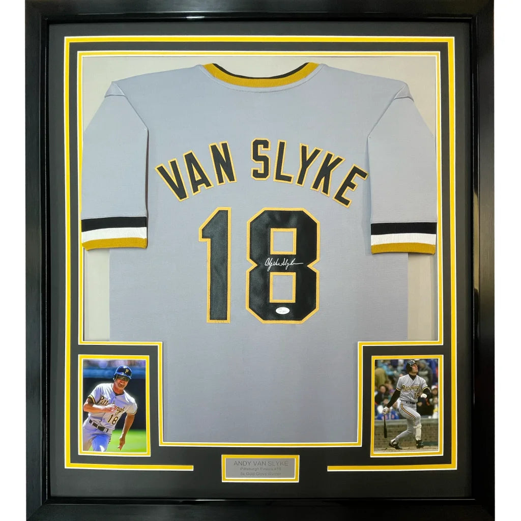 Framed autographed Andy Van Slyke Pittsburgh gray jersey #18 JSA COA