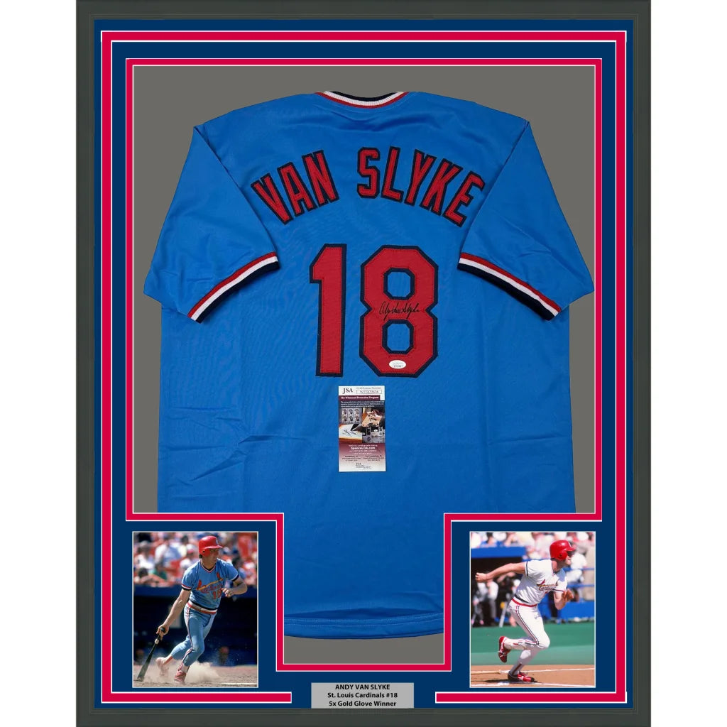 Framed blue Louis baseball jersey with Van Slyke 18 for your man cave collection