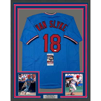 Framed blue Louis baseball jersey with Van Slyke 18 for your man cave collection