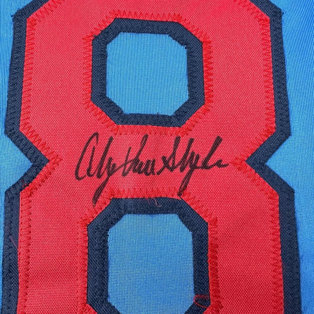 Framed autographed Andy Van Slyke St. Louis Blues jersey with red-blue embroidered 8 and signature