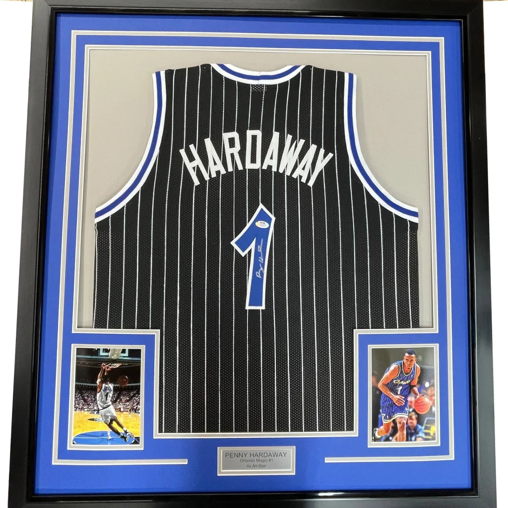 Framed signed Penny Hardaway Orlando black pinstripe jersey with white number 1