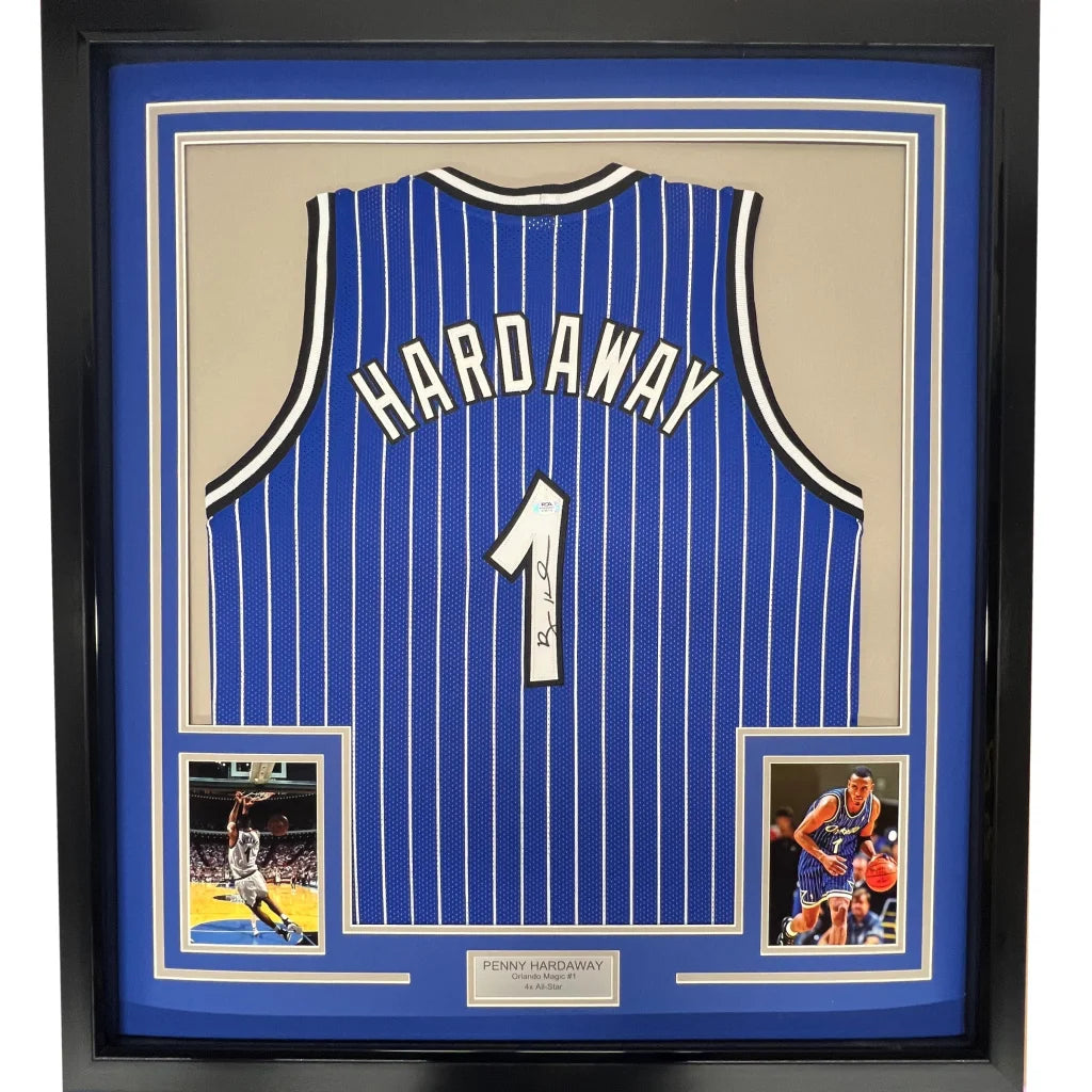 Framed signed Penny Hardaway Orlando blue pinstripe jersey #1 PSA/DNA COA