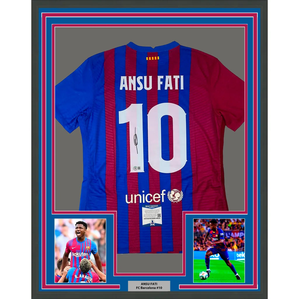 Framed Autographed Ansu Fati 35x39 FC Barcelona Blue Soccer Jersey Beckett BAS COA | Hall of Fame Sports Memorabilia | vintageantiquesgifts.com