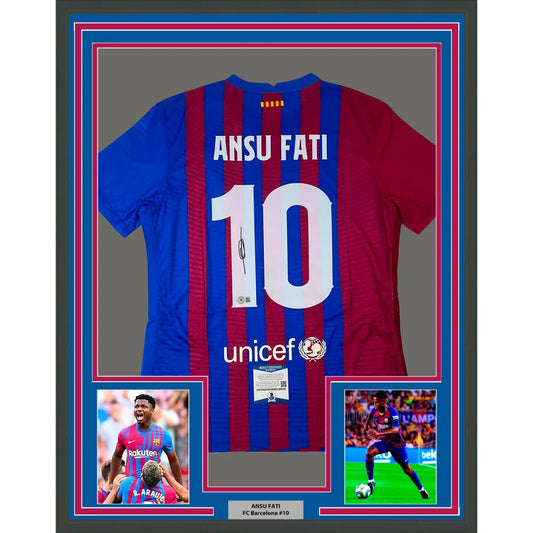 Framed Autographed Ansu Fati 35x39 FC Barcelona Blue Soccer Jersey Beckett BAS COA | Hall of Fame Sports Memorabilia | vintageantiquesgifts.com
