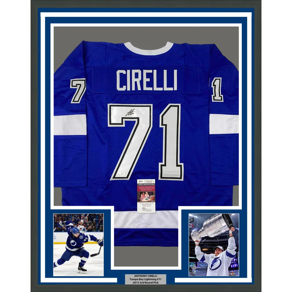 Framed Autographed Anthony Cirelli 35x39 Tampa Bay Blue Hockey Jersey JSA COA | Hall of Fame Sports Memorabilia | vintageantiquesgifts.com