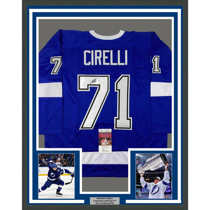 Framed Autographed Anthony Cirelli 35x39 Tampa Bay Blue Hockey Jersey JSA COA | Hall of Fame Sports Memorabilia | vintageantiquesgifts.com