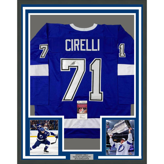 Framed Autographed Anthony Cirelli 35x39 Tampa Bay Blue Hockey Jersey JSA COA | Hall of Fame Sports Memorabilia | vintageantiquesgifts.com