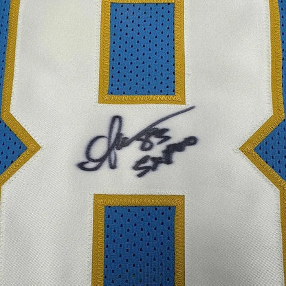 Framed Autographed Anthony Miller 35x39 San Diego Los Angeles LA Powder Blue Football Jersey JSA COA | Certified Authentic Signed Memorabilia | vintageantiquesgifts.com