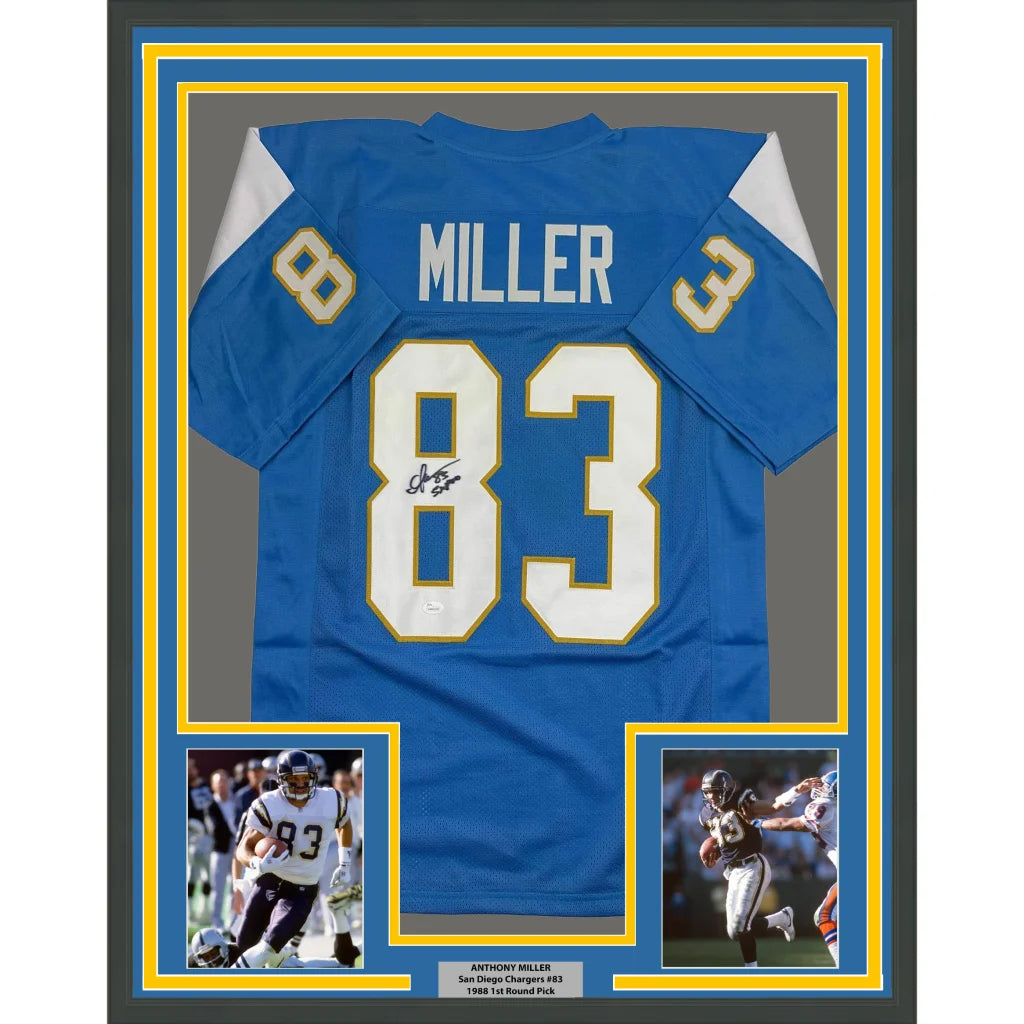 Framed Autographed Anthony Miller 35x39 San Diego Los Angeles LA Powder Blue Football Jersey JSA COA | Hall of Fame Sports Memorabilia | vintageantiquesgifts.com