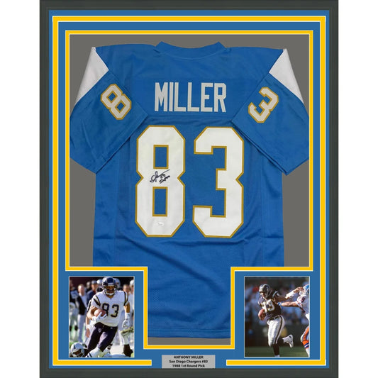 Framed Autographed Anthony Miller 35x39 San Diego Los Angeles LA Powder Blue Football Jersey JSA COA | Hall of Fame Sports Memorabilia | vintageantiquesgifts.com
