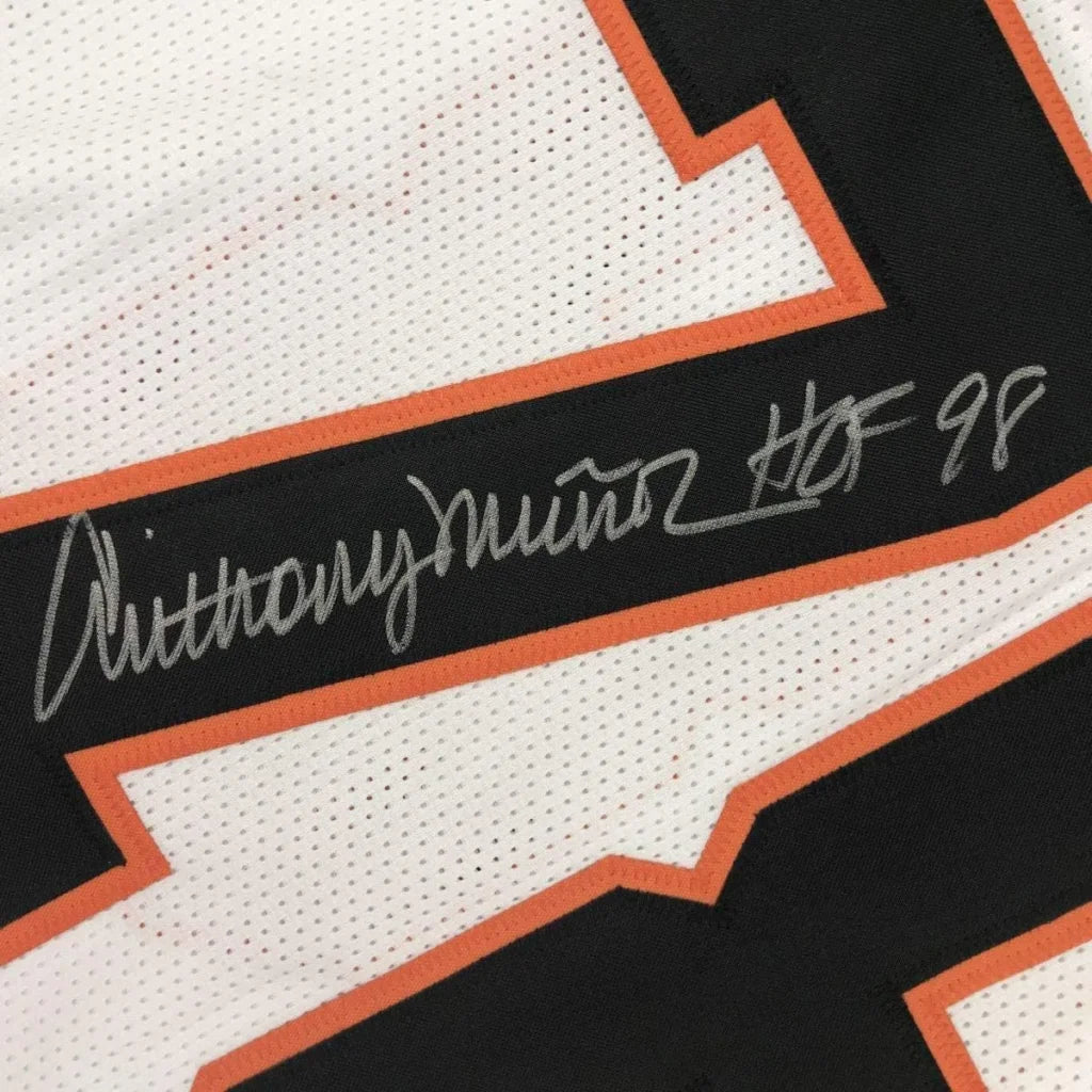 Framed autographed Anthony Munoz HOF 98 white Bengals jersey with signature