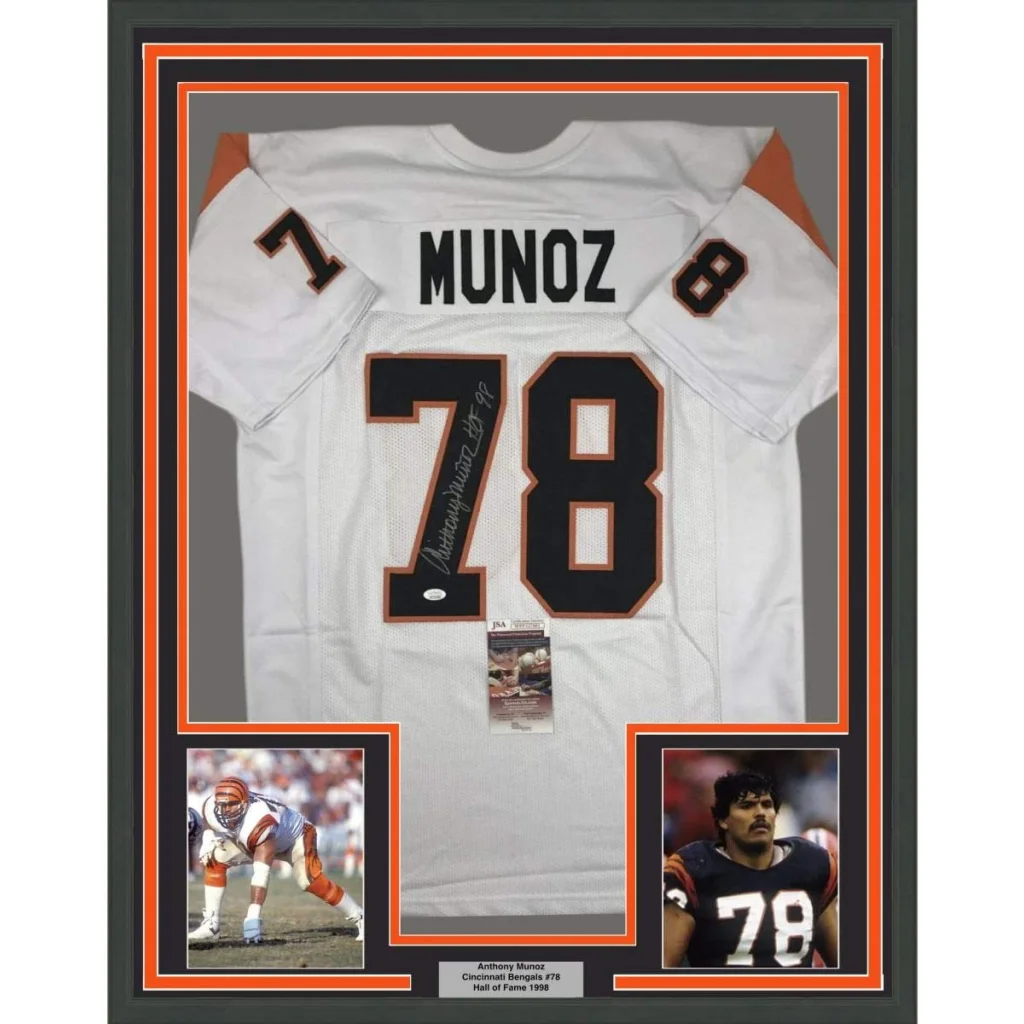 Framed autographed Anthony Munoz HOF 98 white Bengals jersey, JSA COA