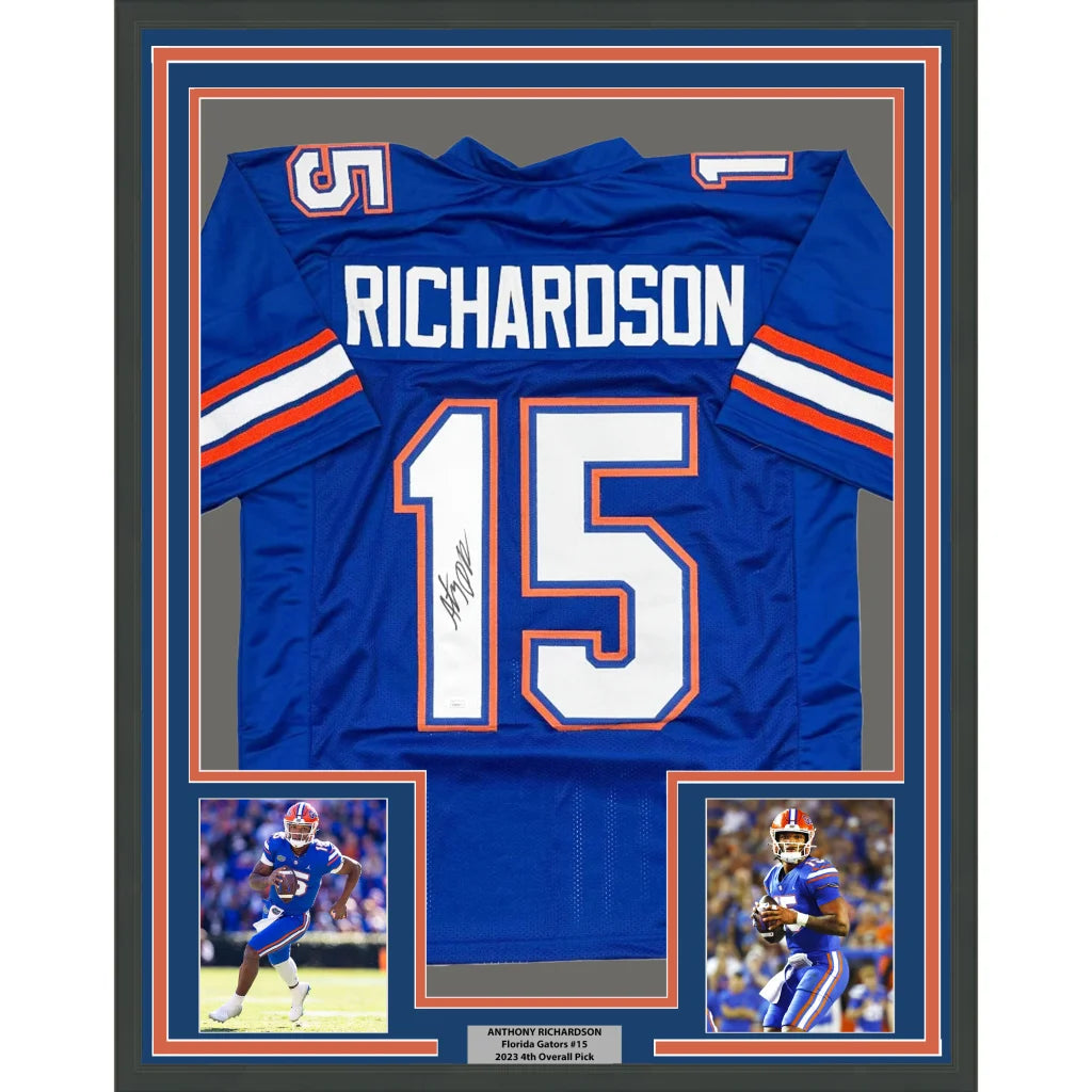 Framed Autographed Anthony Richardson 35x39 Florida Blue College Football Jersey JSA COA | Hall of Fame Sports Memorabilia | vintageantiquesgifts.com