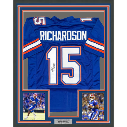 Framed Autographed Anthony Richardson 35x39 Florida Blue College Football Jersey JSA COA | Hall of Fame Sports Memorabilia | vintageantiquesgifts.com