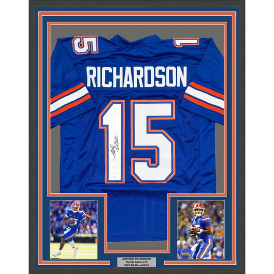 Framed Autographed Anthony Richardson 35x39 Florida Blue College Football Jersey JSA COA | Hall of Fame Sports Memorabilia | vintageantiquesgifts.com