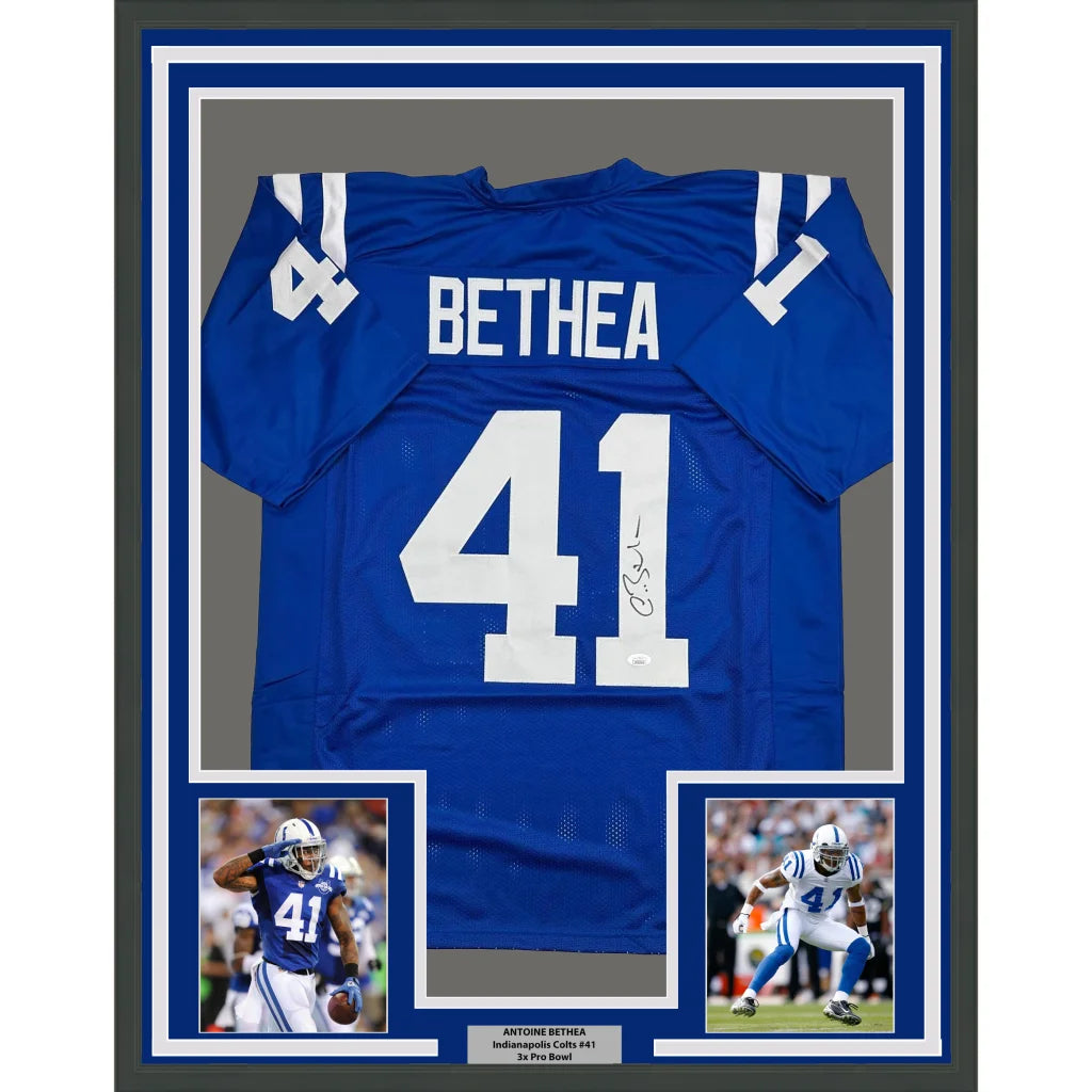 Framed Autographed Antoine Bethea 35x39 Indianapolis Blue Football Jersey JSA COA | Hall of Fame Sports Memorabilia | vintageantiquesgifts.com
