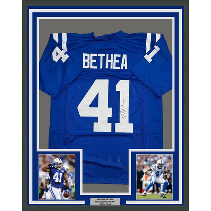 Framed Autographed Antoine Bethea 35x39 Indianapolis Blue Football Jersey JSA COA | Hall of Fame Sports Memorabilia | vintageantiquesgifts.com