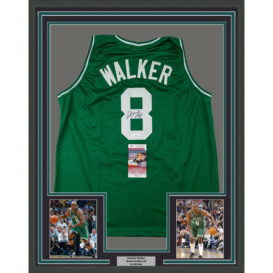 Framed autographed Antoine Walker Boston Celtics green jersey with number 8