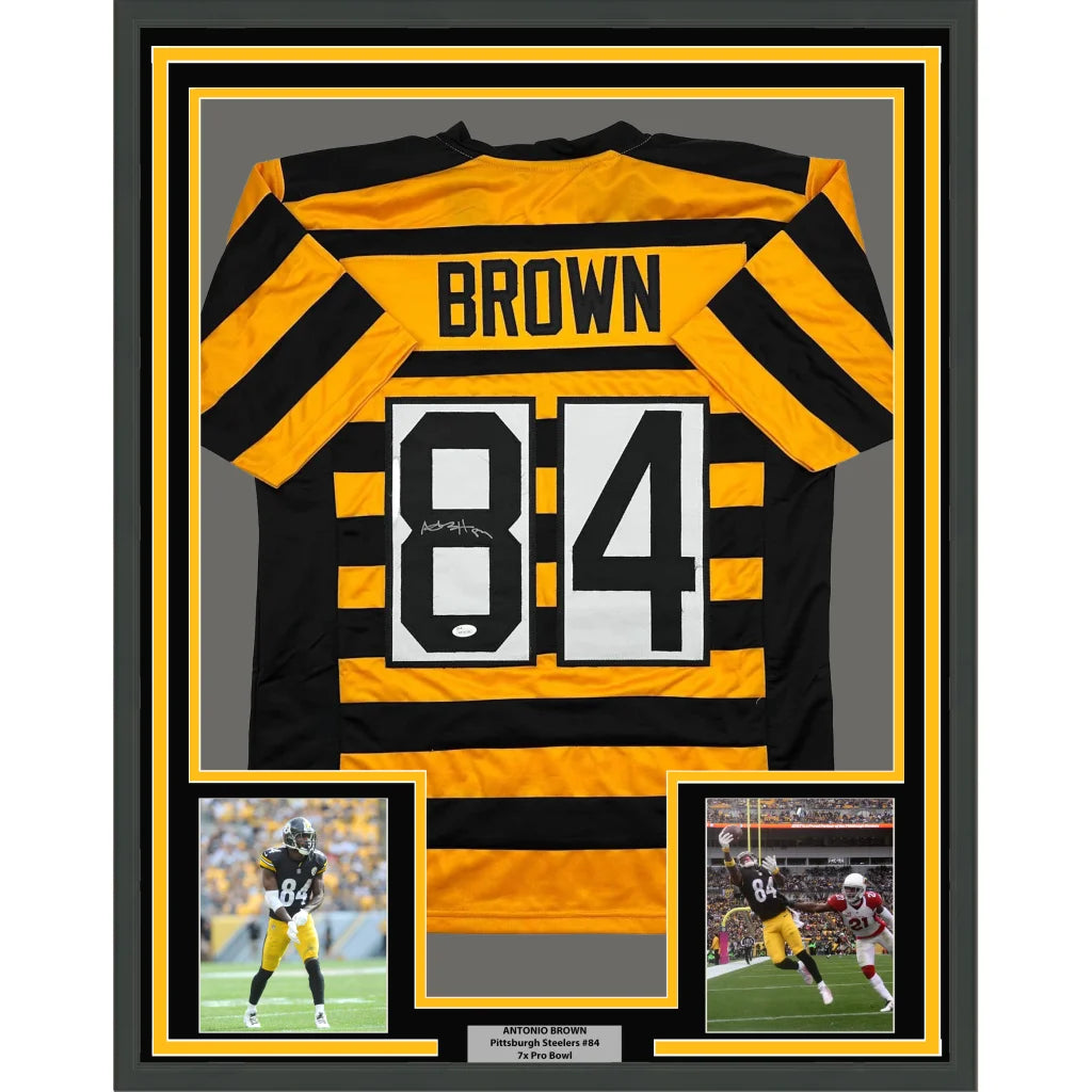 Framed Autographed Antonio Brown 35x39 Pittsburgh Bumble Bee Football Jersey JSA COA | Hall of Fame Sports Memorabilia | vintageantiquesgifts.com