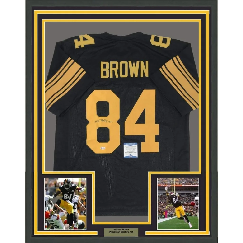Framed black and gold Pittsburgh Steelers jersey with Brown 84